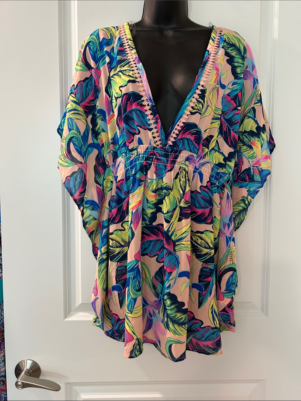 No Boundaries Tropical Leaf V-Neck Swim Cover-Up in Pink & Blue